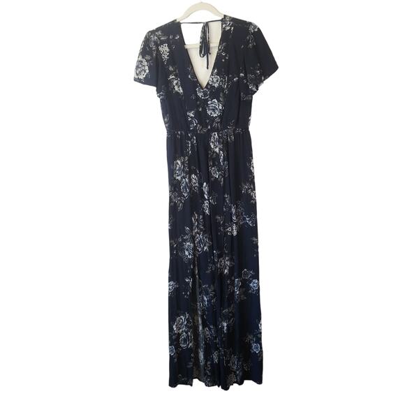 Three Pink Hearts Size M Floral Maxi Dress Blue Cottage Country Prairie Festival - Picture 1 of 12